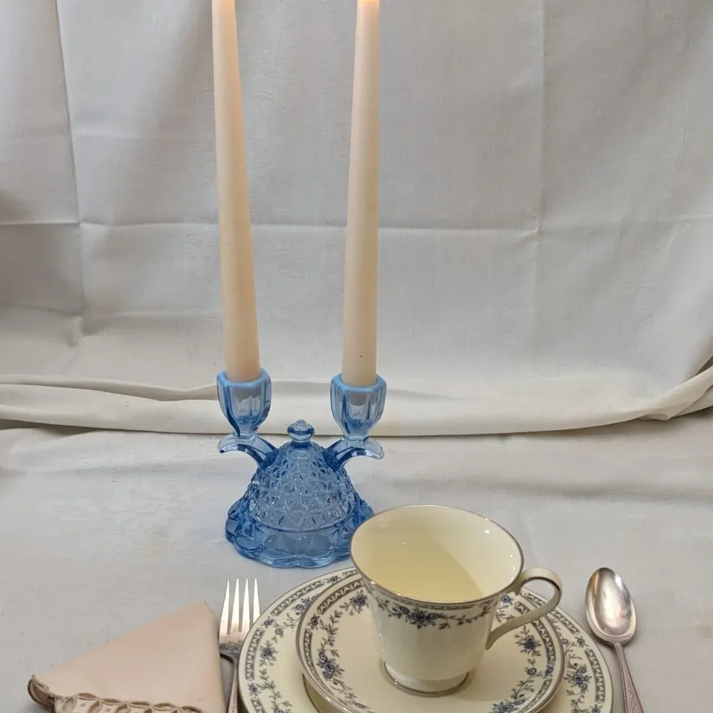 Pair of Vtg Depression Candle Holders Imperial Glass Katy Blu Lace Edge - Picture 6 of 9